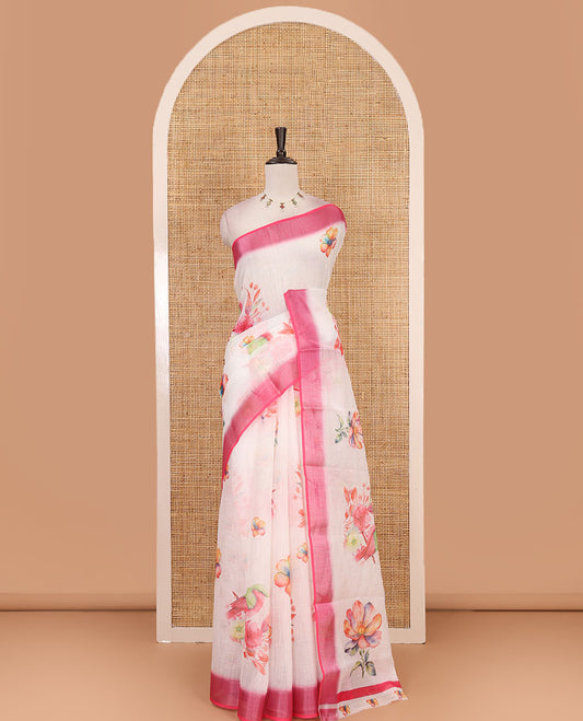 Cream-pink floral & sparrow printed linen saree, contrast zari border & floral motifs printed blouse