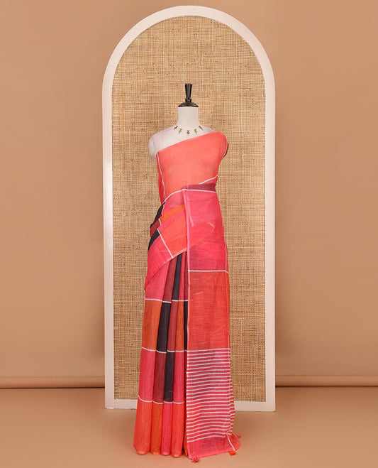 Borderless multi colour  colorful big checked geometric theme printed linen saree, striped pallu and contrast plain blouse