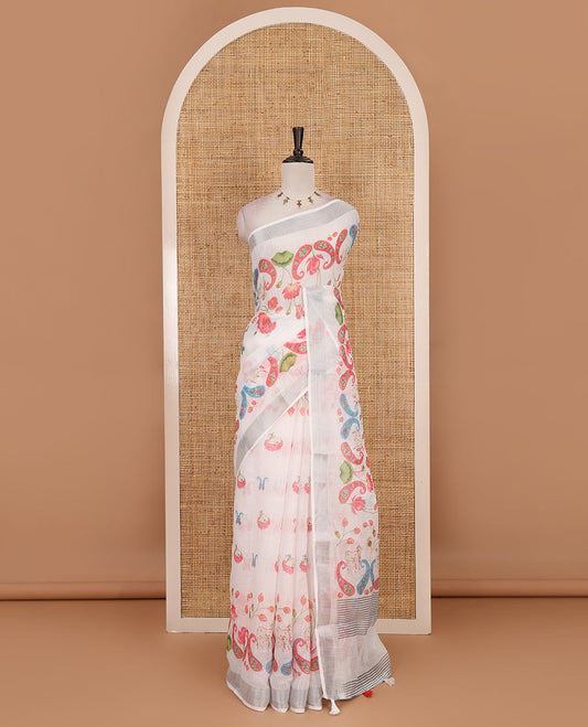 White Pichwai Lotus, cow, and paisleys printed linen cotton saree, silver zari border, striped pallu and plain blouse