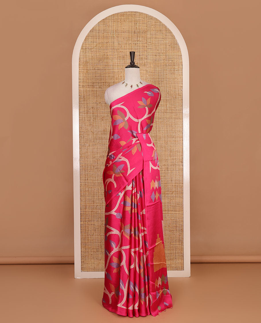 Borderless rani pink jamdani weaving design gajji silk saree and  jamdani design self pallu along with printed blouse