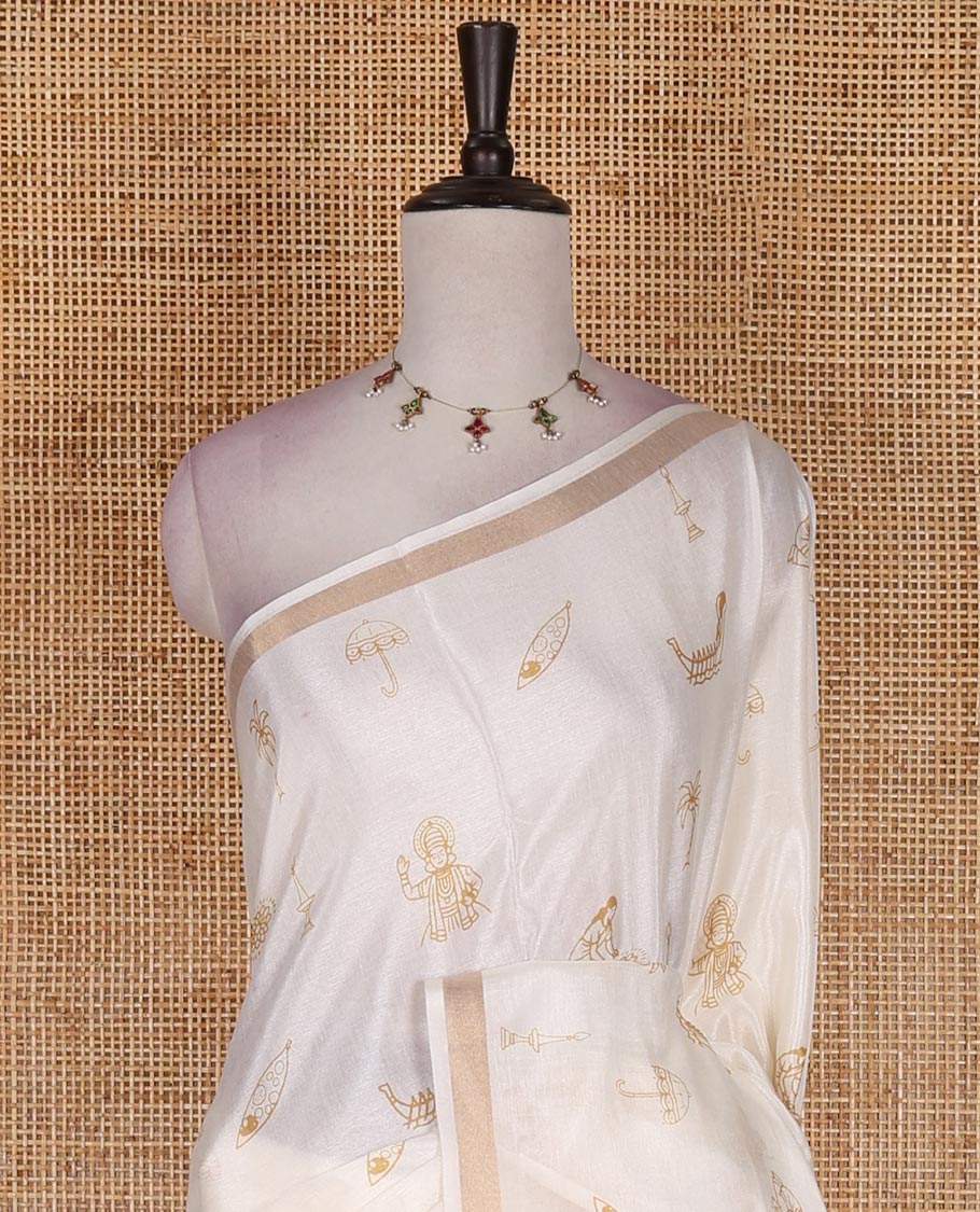 Half-white Kerala-culture theme printed Kerala cotton saree, zari border, pallu of stripes, and a matching blouse