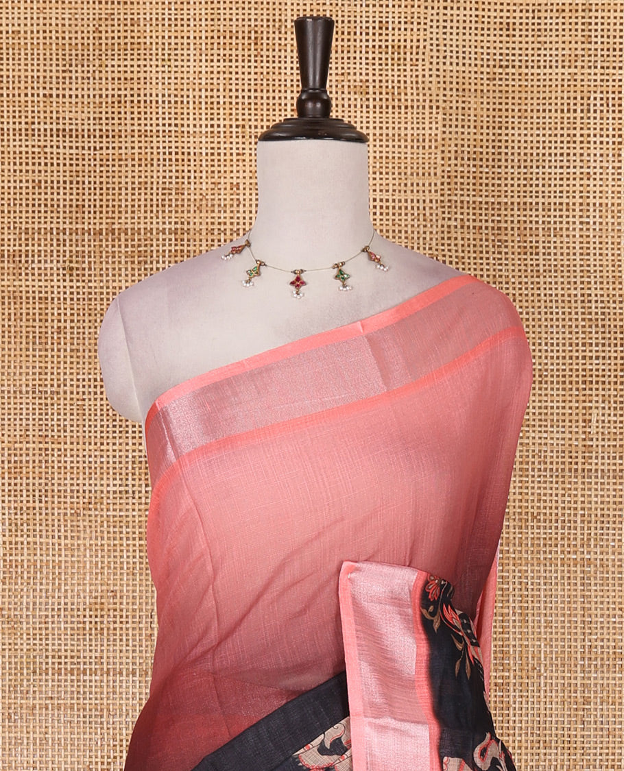 Black 2D style dyed and elephant-floral theme printed linen cotton saree, contrast zari bavanji border, intricately printed pallu, and contrast printed blouse