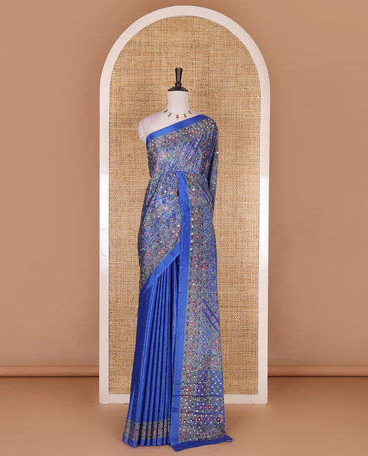 Blue kaleidoscopic colored intricate printed with mirrorwork masakali saree, printed border, print with mirror work pallu, and a matching blouse