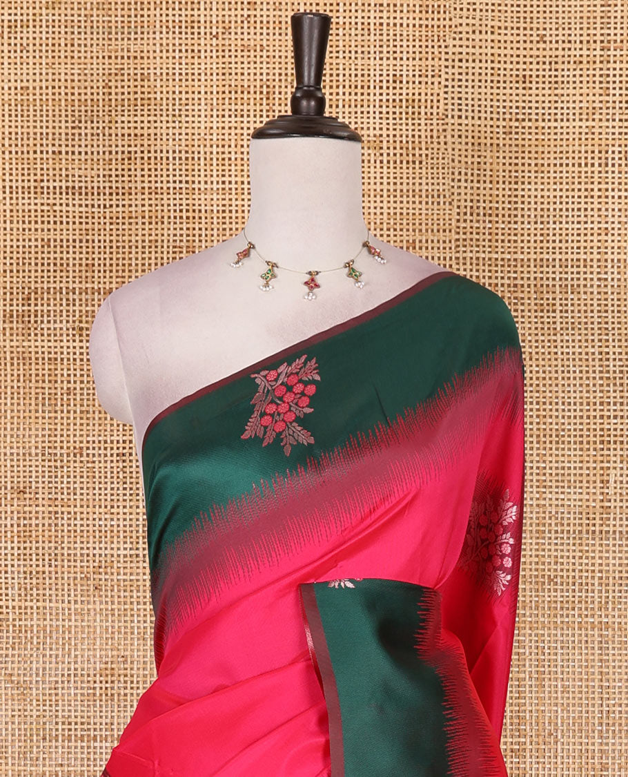 Rani pink-green  floral buttas elite soft silk saree, contrast floral buttas border, and pallu of Mughal-style intricate zari designs