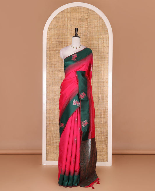Rani pink-green  floral buttas elite soft silk saree, contrast floral buttas border, and pallu of Mughal-style intricate zari designs