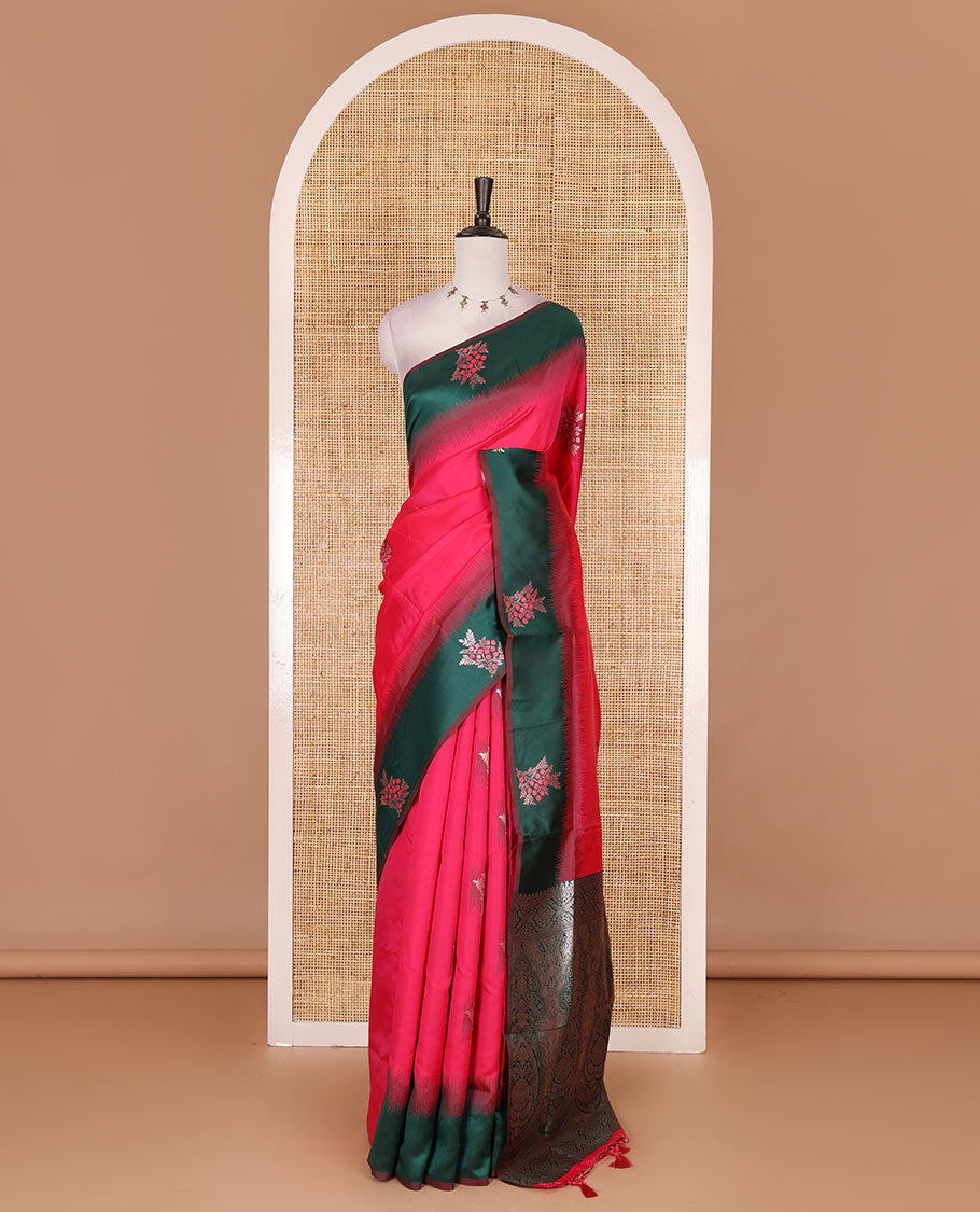 Rani pink-green  floral buttas elite soft silk saree, contrast floral buttas border, and pallu of Mughal-style intricate zari designs
