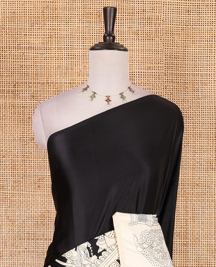 Borderless black and chikku colored kalamkari human figurines printed Gaji silk saree, kalamkari printed pallu and blouse