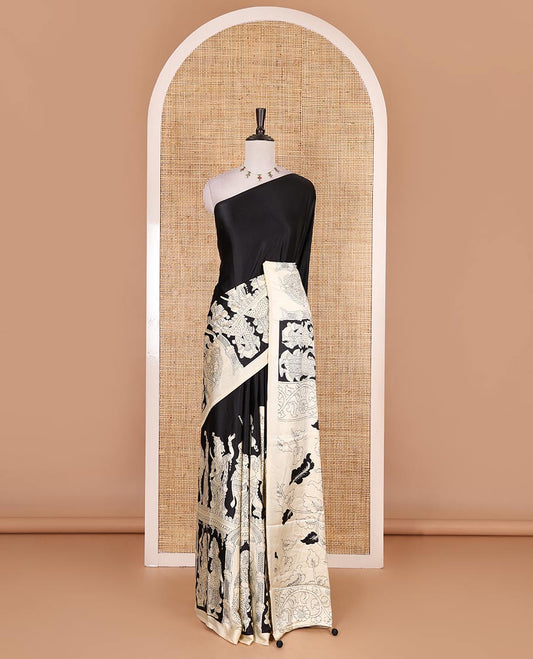 Borderless black and chikku colored kalamkari human figurines printed Gaji silk saree, kalamkari printed pallu and blouse