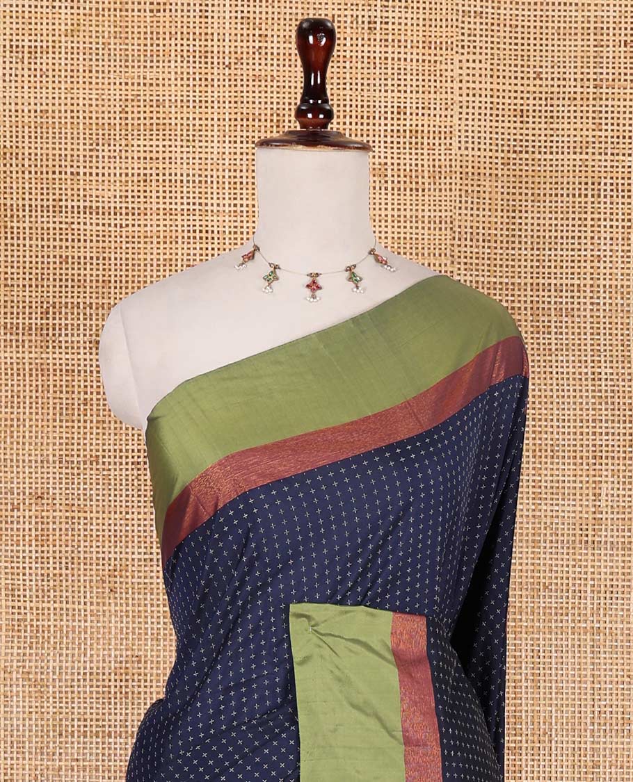 Navy blue-green plus-shaped buttas steeped semi-soft silk saree, contrast satin border of stripes, striped pallu, and contrast blouse