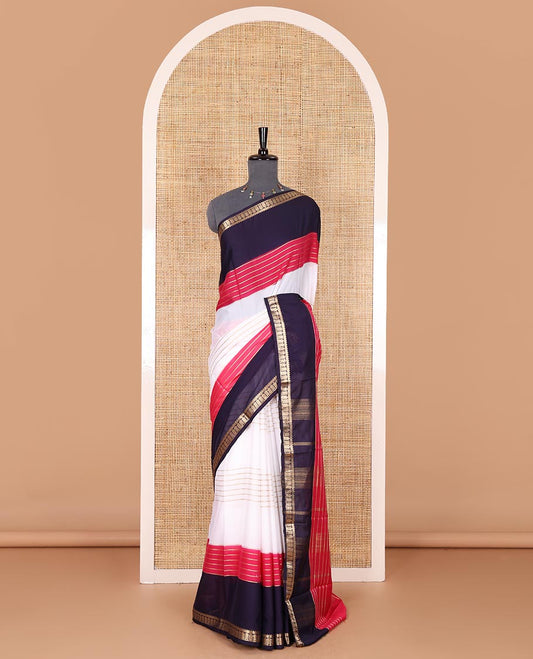 White zari striped Art Mysore silk saree, contrast navy blue and pink dual-colored traditional zari border, zari design pallu, and a contrast zari design blouse