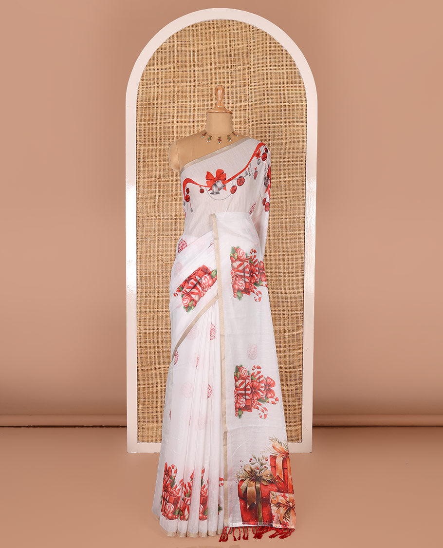 White Christmas ornaments digital printed Chanderi saree, piping border, Chirstmas theme printed pallu, and Christmas ornaments printed blouse