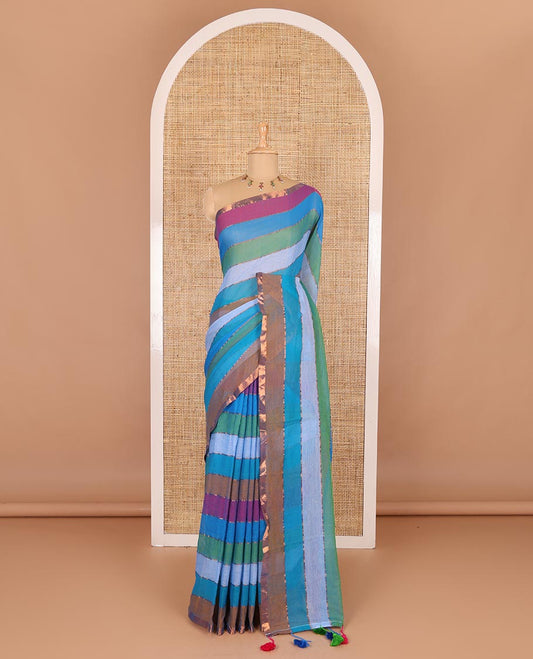 Blue rainbow-style striped Khadi mul cotton saree with piping zari border, and a matching zari striped blouse