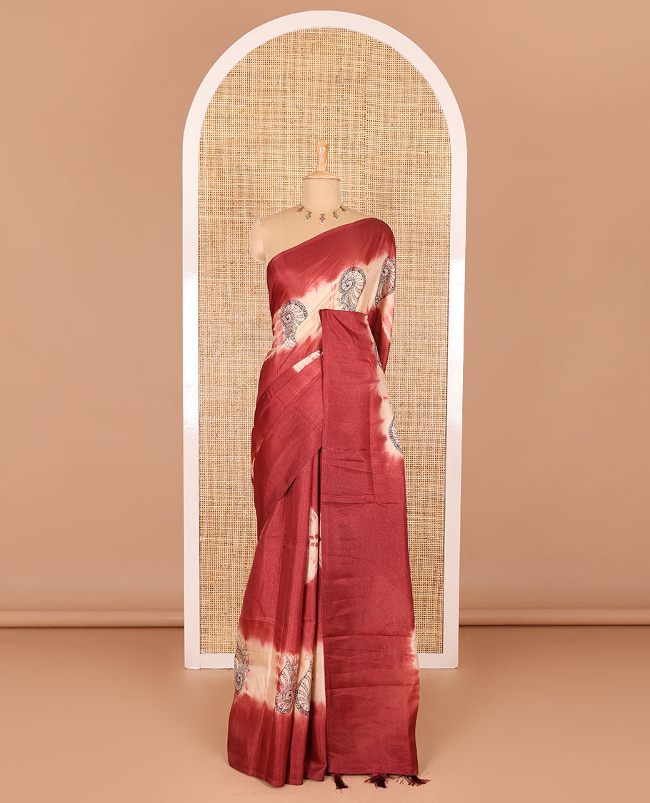 Borderless maroon shibori printed with shell motifs, blockprinted Manipur tussar saree, shibori printed pallu, and a plain matching blouse