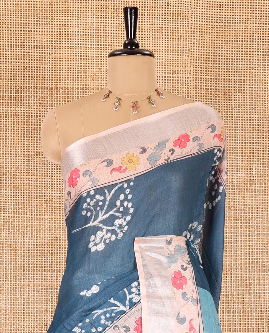 Blue floral and deer motifs printed Linen cotton saree, contrast zari border of floral creeper print, flora-fauna printed pallu, and floral motifs printed blouse