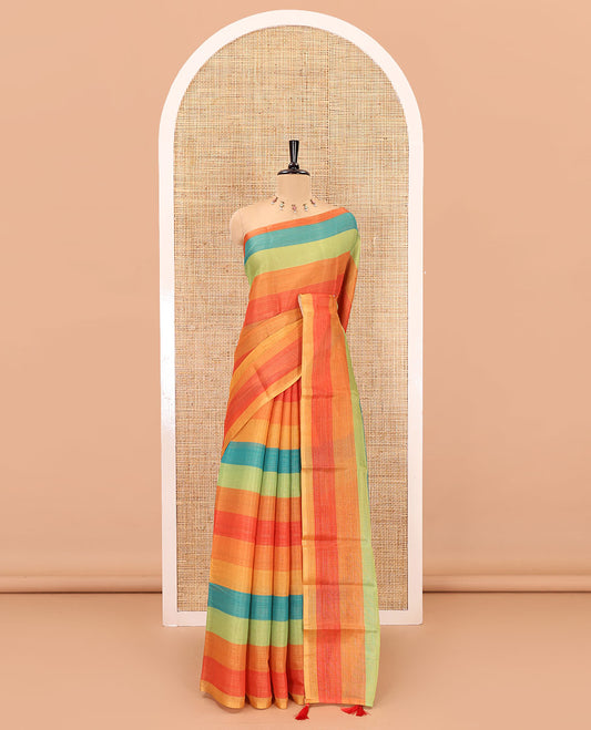Borderless multi-color rainbow horizontal striped linen cotton saree, self-pallu and horizontal striped blouse