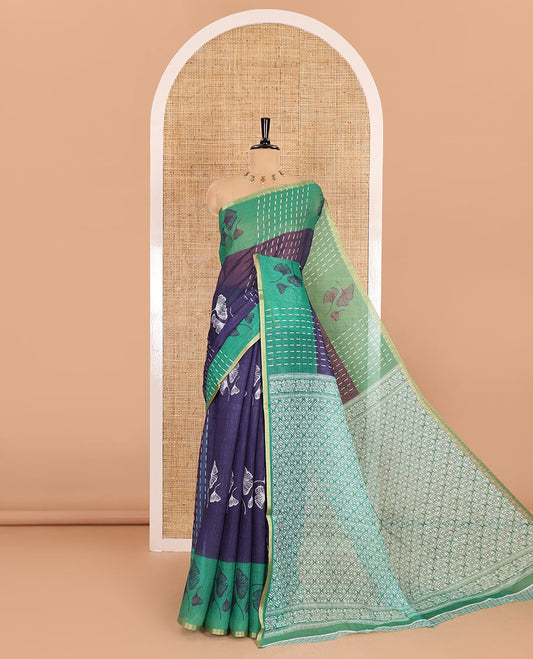 Navy blue vertical striped and floral buttas linen cotton saree, contrast striped and floral printed border, jaal pallu, and a contrast printed blouse
