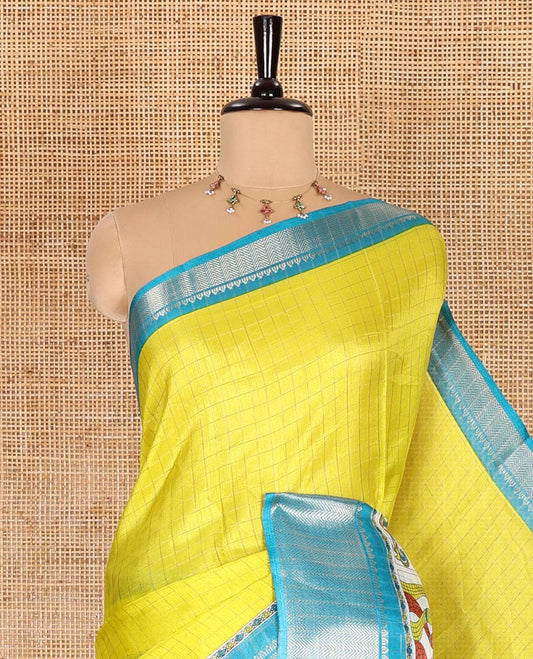 Yellow checked with Madhubani printed dola silk saree, contrast zari with Madhubani printed border, striped pallu, and a contrast print and zari work blouse