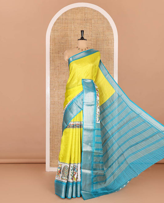 Yellow checked with Madhubani printed dola silk saree, contrast zari with Madhubani printed border, striped pallu, and a contrast print and zari work blouse