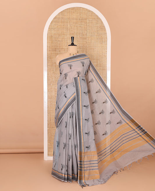 Grey deer motifs printed Mangalagiri cotton saree, traditional motifs thread border, striped pallu, and matching blouse