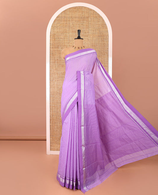 Lavender horizontal striped mercerised cotton saree, thread woven temple border, striped pallu, and a matching blouse