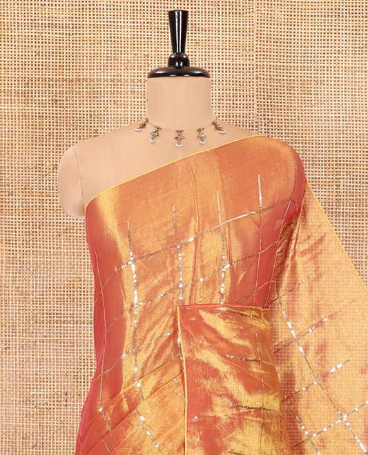 Borderless gold sequins embroidered checked khadi tissue saree, self-pallu, and a plain matching blouse