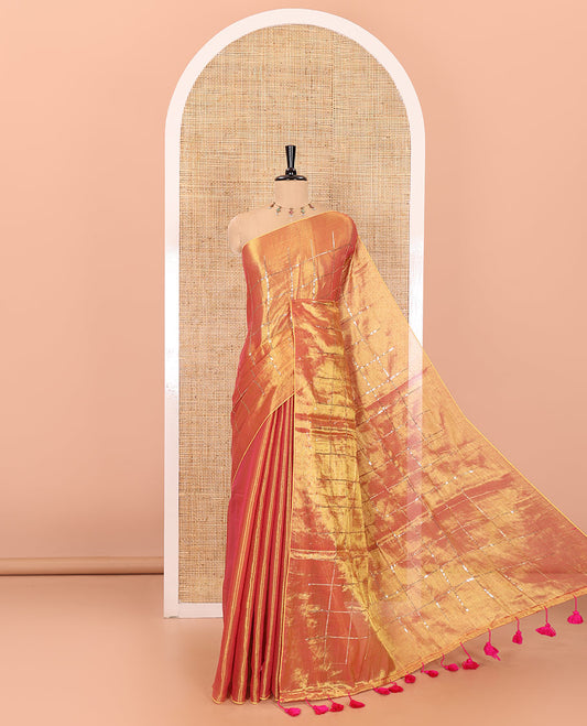 Borderless gold sequins embroidered checked khadi tissue saree, self-pallu, and a plain matching blouse