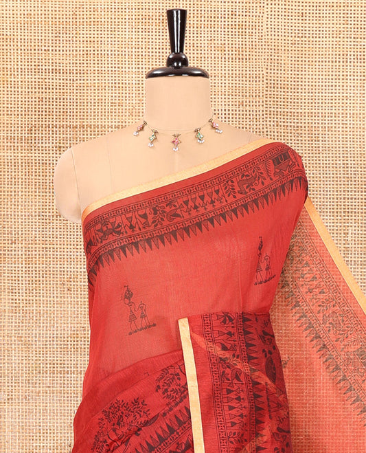 Red Warli-village printed khadi cotton saree, printed border, and contrast warli motifs printed pallu, and contrast plain blouse