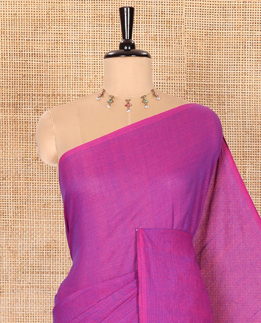 Borderless Violet Plain Khadi Mul Cotton Saree Features a Self-Pallu with Tassels, and a Matching Blouse