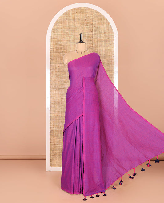 Borderless Violet Plain Khadi Mul Cotton Saree Features a Self-Pallu with Tassels, and a Matching Blouse