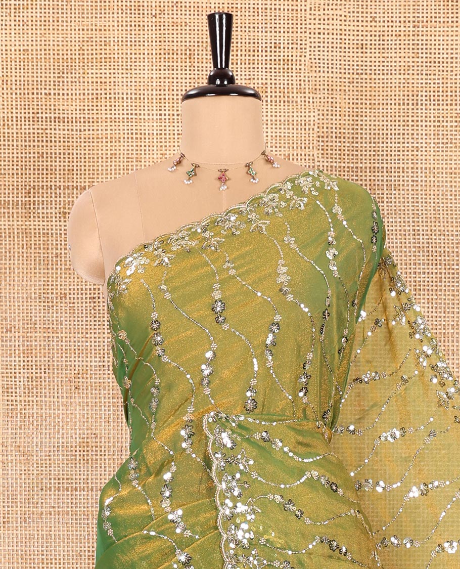 Parrot Green Shimmer Chiffon Saree Elegantly Adorned with Sequins and Thread-Woven Ogee Patterns All Over the Body, Featuring a Scalloped Sequins Work Border, and Paired with a Matching Blouse Embellished with Sequins Work