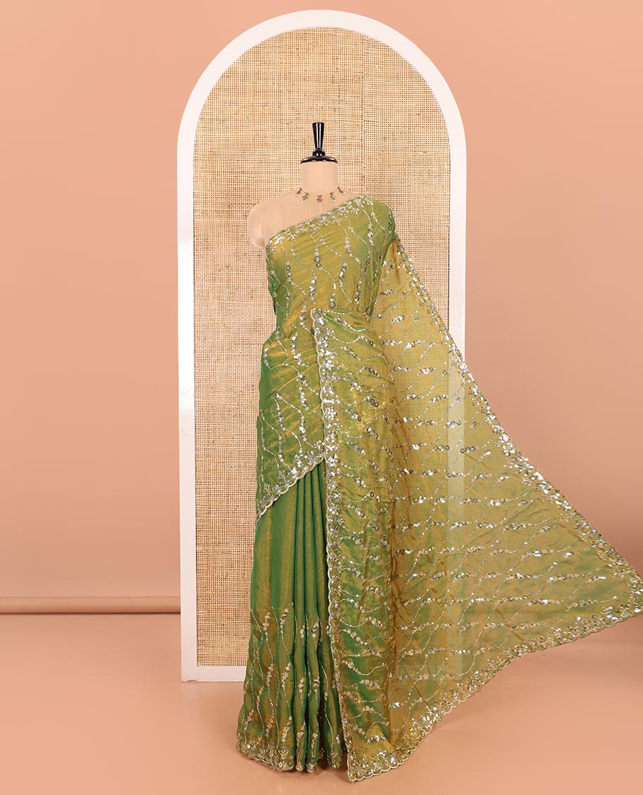 Parrot Green Shimmer Chiffon Saree Elegantly Adorned with Sequins and Thread-Woven Ogee Patterns All Over the Body, Featuring a Scalloped Sequins Work Border, and Paired with a Matching Blouse Embellished with Sequins Work