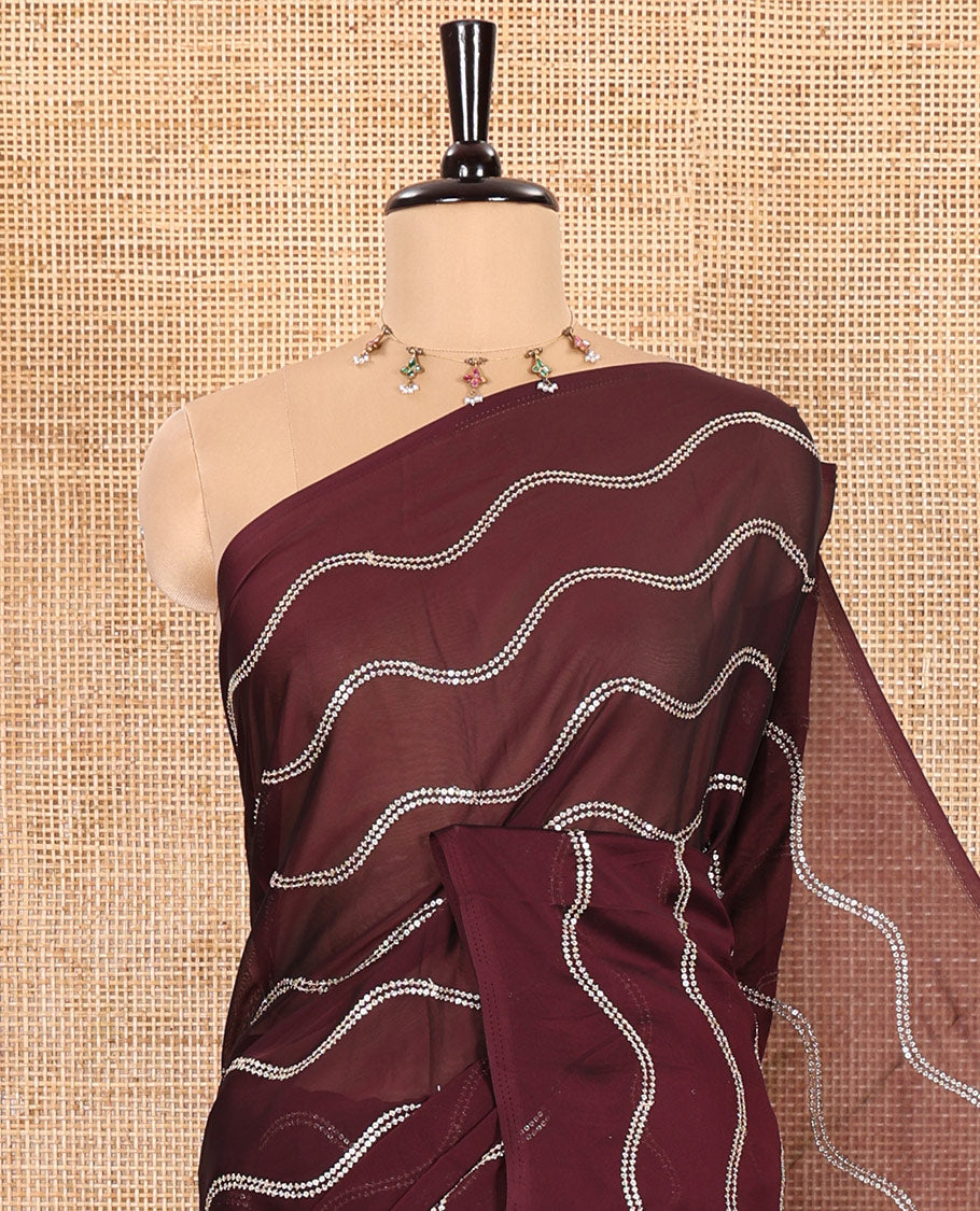 Borderless Wine Rangoli Chiffon Saree Featuring Sequins-Embroidered Zig-Zag Stripes Woven Across Its Body and Pallu, Comes Without a Blouse