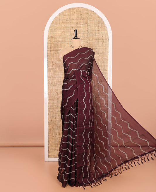 Borderless Wine Rangoli Chiffon Saree Featuring Sequins-Embroidered Zig-Zag Stripes Woven Across Its Body and Pallu, Comes Without a Blouse