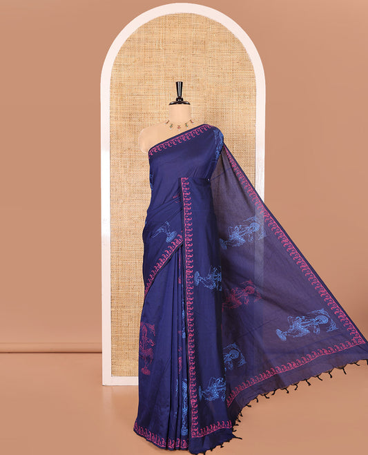 Navy Blue South Cotton Saree Featuring Bharatanatyam Motifs Block Printed All Over Its Body, Subtly Block Printed Border of Paisleys, and Paired with a Contrast Paisleys Block Printed Blouse