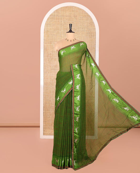 Olive Green Georgette Saree, Bedecked with Geometric Printed All Over Its Body, a Subtle Satin Border of Deer Foil Print, Geometric Printed Pallu, and Paired with a Matching Blouse