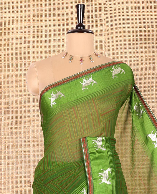 Olive Green Georgette Saree, Bedecked with Geometric Printed All Over Its Body, a Subtle Satin Border of Deer Foil Print, Geometric Printed Pallu, and Paired with a Matching Blouse