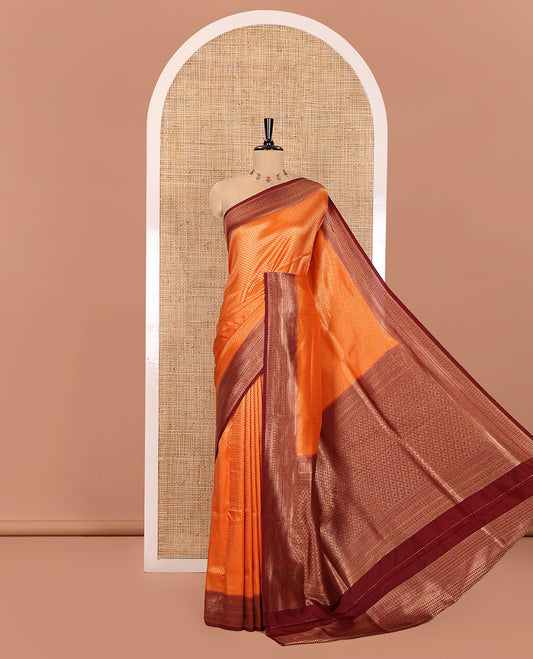 Rust Orange Luxury Soft Silk Saree, Embellished with Jacquard Design on Its Body, Complemented by a Contrast Traditional Zari Design Border, Grand Pallu of Jaal Designs, and Paired with a Contrast Blouse
