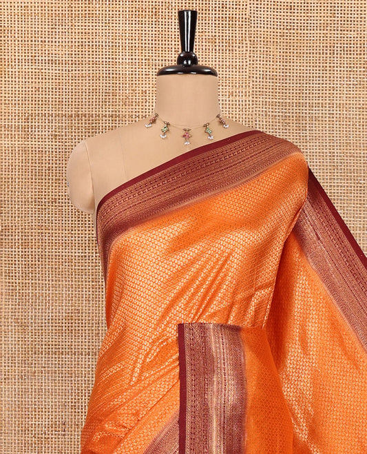 Rust Orange Luxury Soft Silk Saree, Embellished with Jacquard Design on Its Body, Complemented by a Contrast Traditional Zari Design Border, Grand Pallu of Jaal Designs, and Paired with a Contrast Blouse