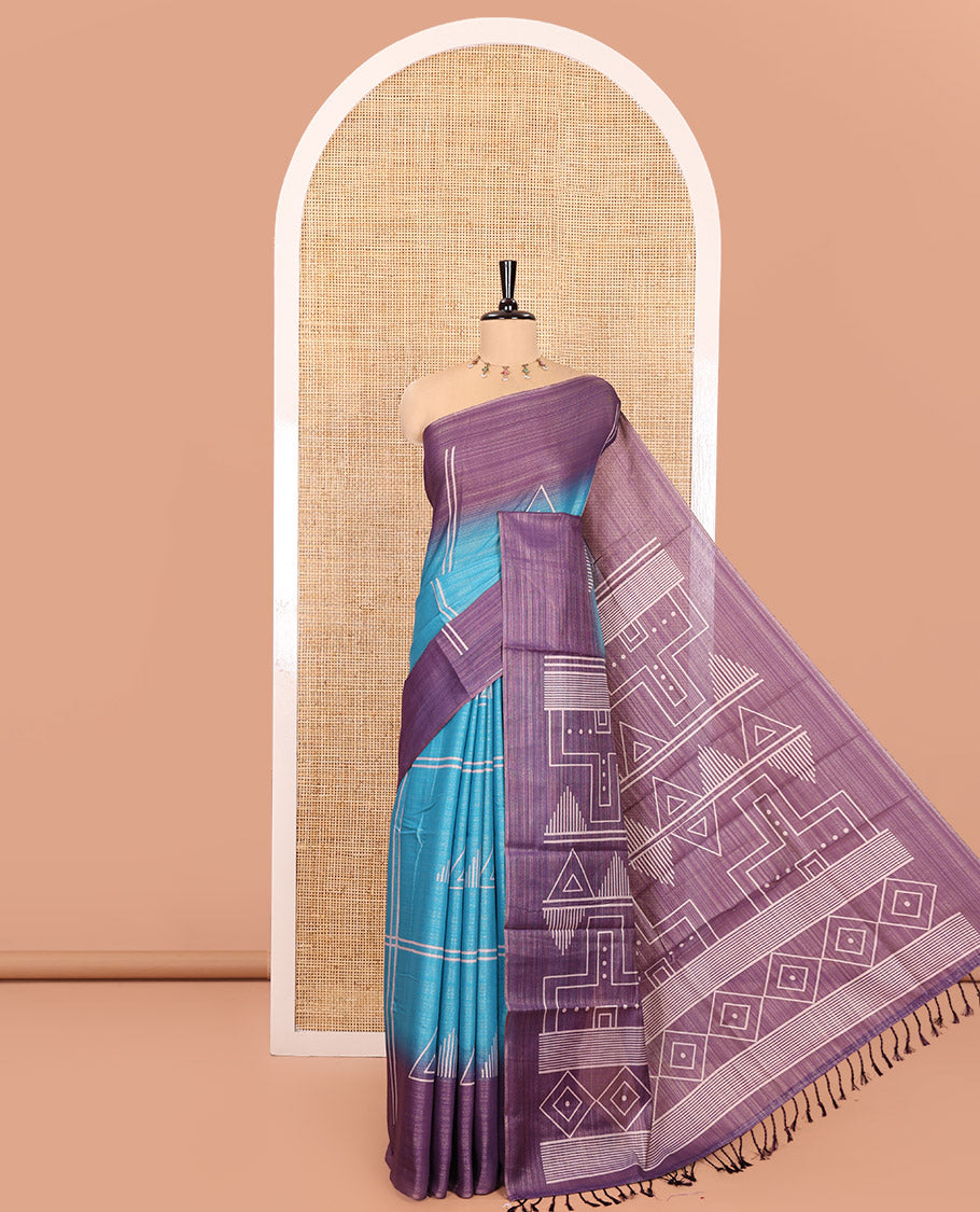 Blue Tissue Saree, Adorned with Horizontal Stripes and Geometric Motifs Printed All Over Its Body, Complemented by a Contrast-Printed Border, Pallu Depicts Geometric Patterns, and Paired with a Contrast Geometric Printed Blouse