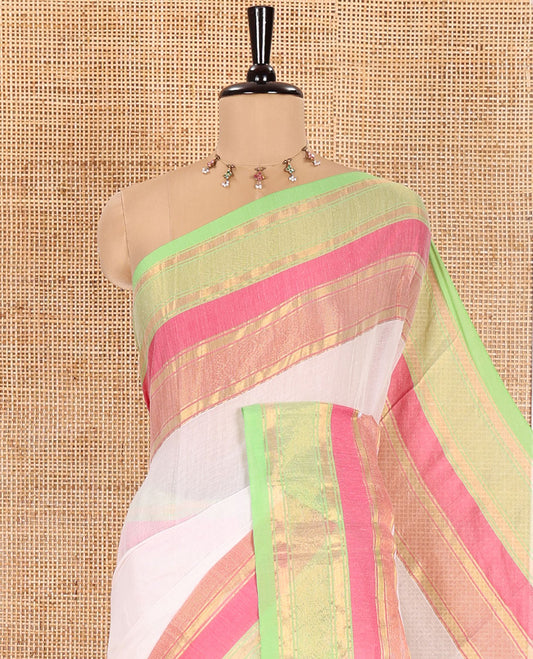 Cream Plain Khadi Mul Cotton Saree, Complemented by a Captivating Contrast Colorful Zari Border, Plain Pallu, and Paired with a Matching Blouse