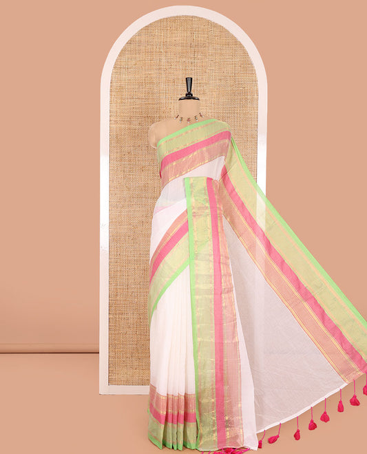 Cream Plain Khadi Mul Cotton Saree, Complemented by a Captivating Contrast Colorful Zari Border, Plain Pallu, and Paired with a Matching Blouse