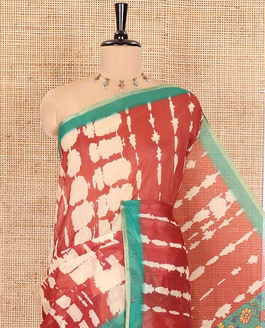 Honey Color Mercerised Cotton Saree, Elevated with Shibori Printed on Its Body, Complemented by a Contrast Border, Pallu Steeped with Colorful Floral Print, and Paired with a Contrast Printed Blouse