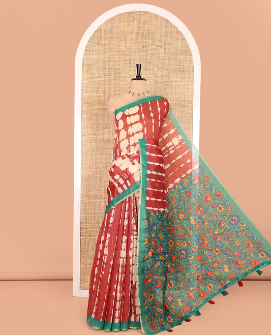 Honey Color Mercerised Cotton Saree, Elevated with Shibori Printed on Its Body, Complemented by a Contrast Border, Pallu Steeped with Colorful Floral Print, and Paired with a Contrast Printed Blouse