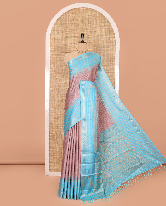 Pale Brown Manipuri Silk Saree, Subtly Sparkled with a Checked Design on Its Body, Complemented by a Contrast Zari Checked Border, Pallu Pictures Floral Jaal Designs, and Paired with a Contrast Blouse