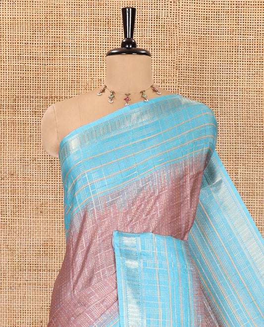 Pale Brown Manipuri Silk Saree, Subtly Sparkled with a Checked Design on Its Body, Complemented by a Contrast Zari Checked Border, Pallu Pictures Floral Jaal Designs, and Paired with a Contrast Blouse