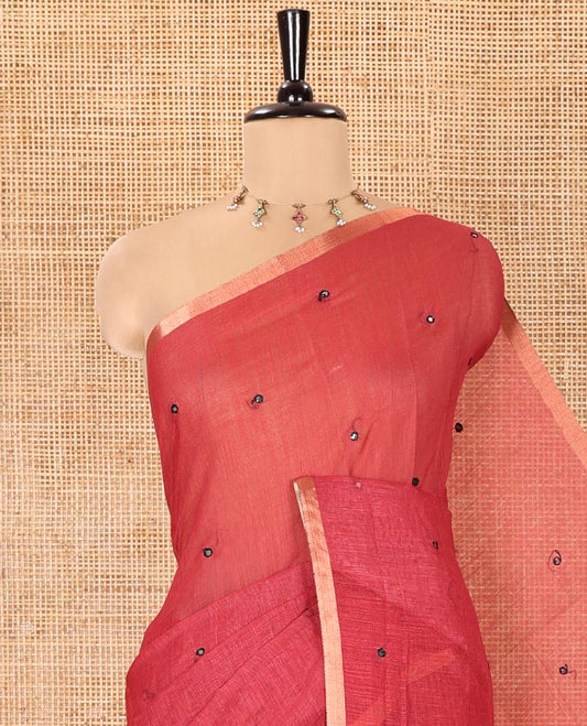 Red Linen Cotton Saree, Decked Up with Mirror Work Across Its Body, Subtly Piping Border, Contrast Pallu Steeped with Stripes, and Mirror Work, and Paired with a Contrast Vertical Stripes Printed Blouse