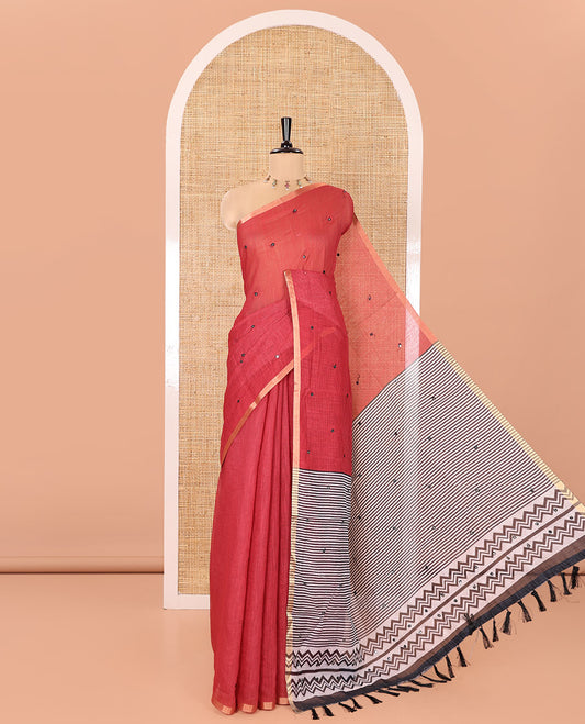 Red Linen Cotton Saree, Decked Up with Mirror Work Across Its Body, Subtly Piping Border, Contrast Pallu Steeped with Stripes, and Mirror Work, and Paired with a Contrast Vertical Stripes Printed Blouse