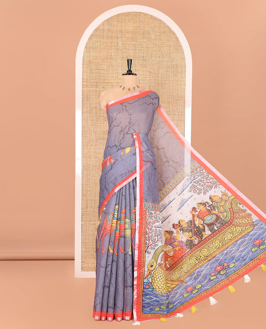 Grey Linen Cotton Saree, Bedecked with Batik Vines and Camel Motifs Printed on Its Body, Complemented by a Contrast Piping Border, Pallu of God and Goddess Figurines, and Paired with a Contrast Blouse