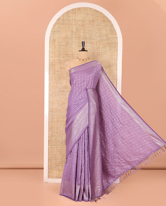 Lavender Vichitra Saree, Accentuated with Medium-Sized Checked Design on Its Body, Highlighted by a Traditional Design Border, Self-Pallu, and Comes Without a Blouse
