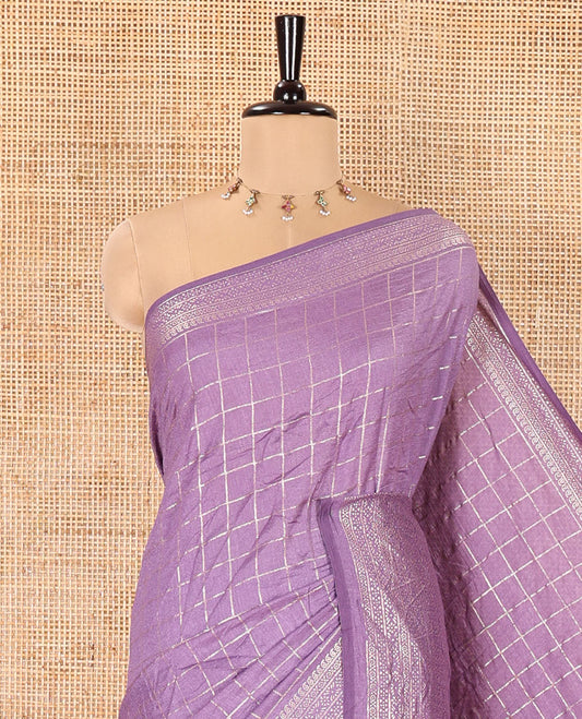 Lavender Vichitra Saree, Accentuated with Medium-Sized Checked Design on Its Body, Highlighted by a Traditional Design Border, Self-Pallu, and Comes Without a Blouse